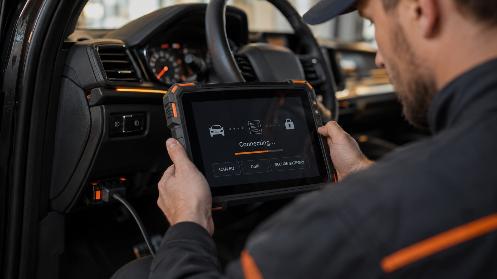 Professional diagnostic tablet showing a connecting screen with CAN FD, DoIP, and secure gateway icons inside a modern vehicle.