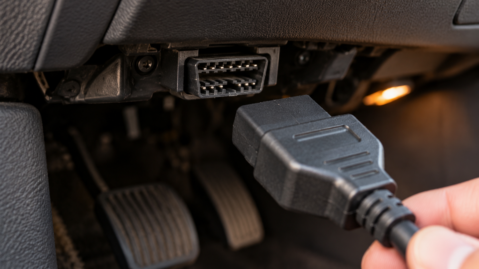 Close-up of a 16-pin OBD2 port under the dashboard with a scanner plug hovering just before connection.