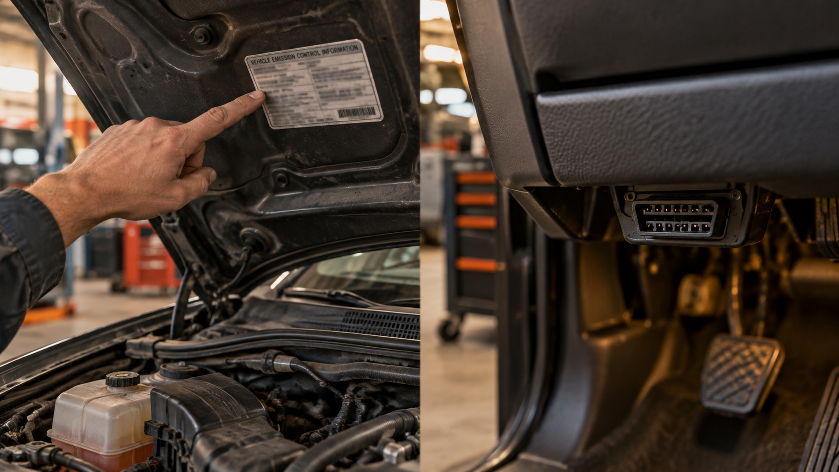 Mechanic checking a vehicle emissions information label under the hood while a standard 16-pin OBD2 port is shown below the dashboard.