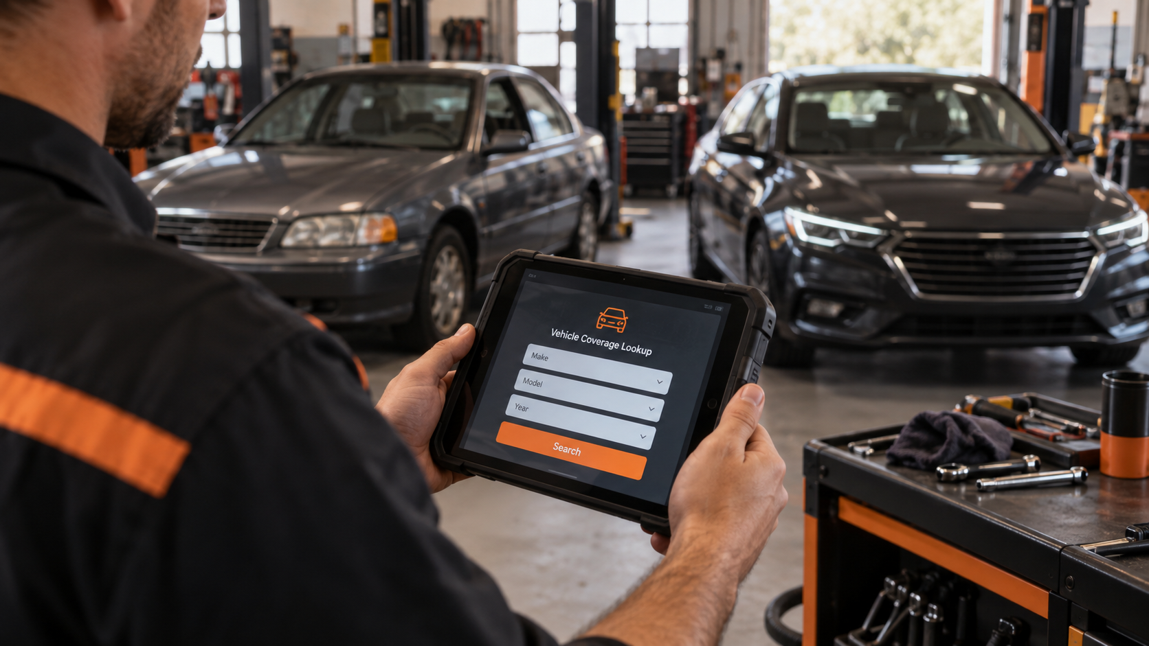 Technician holding a diagnostic tablet with make, model, and year fields while two different-generation cars sit in the background.