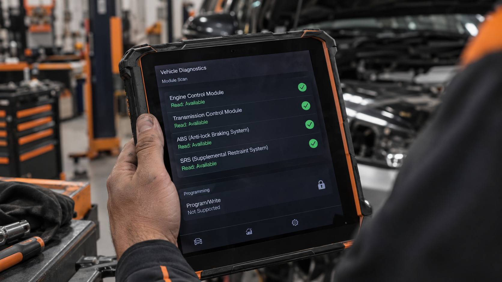 Diagnostic tablet showing module read access available while programming and write functions are not supported.