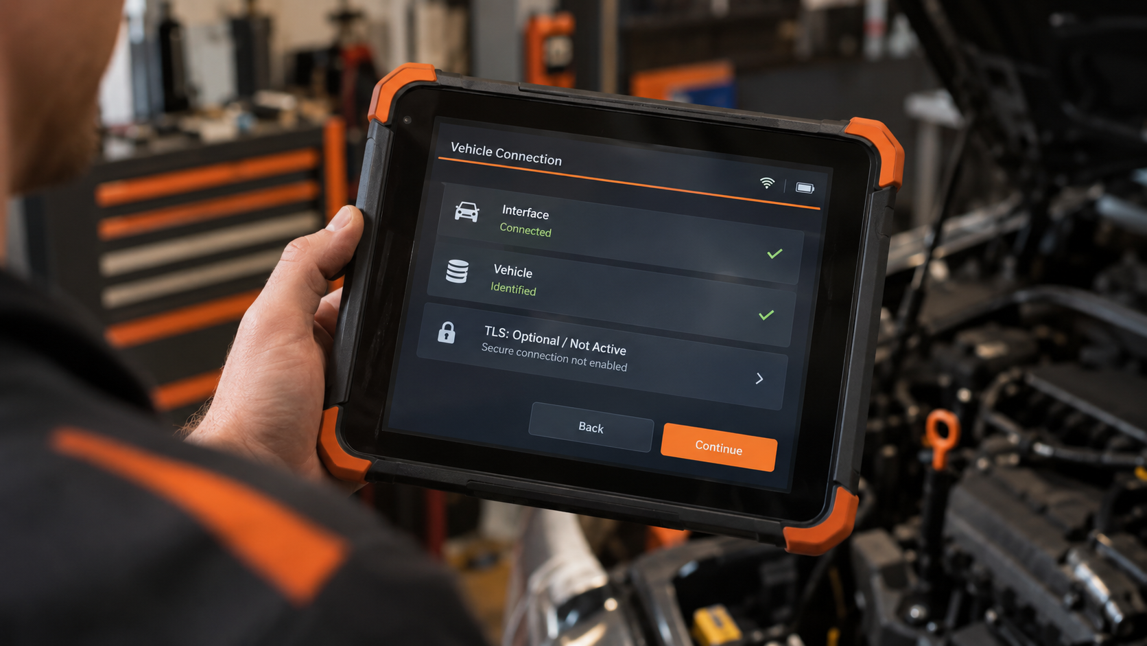 Diagnostic tablet displaying vehicle connection status with TLS shown as optional and not active.