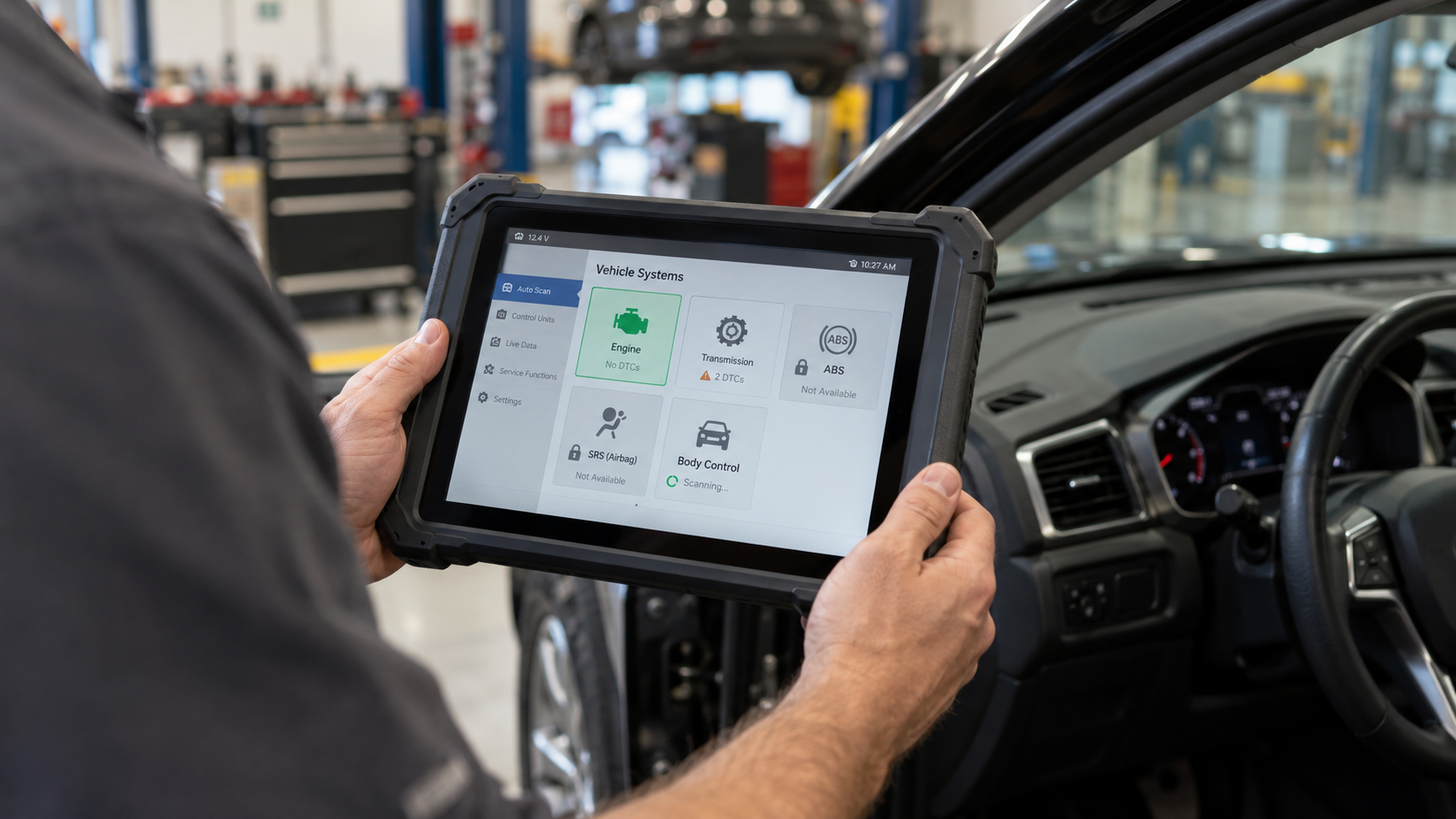 Diagnostic tablet showing vehicle systems with engine access available while ABS and airbag modules are unavailable.