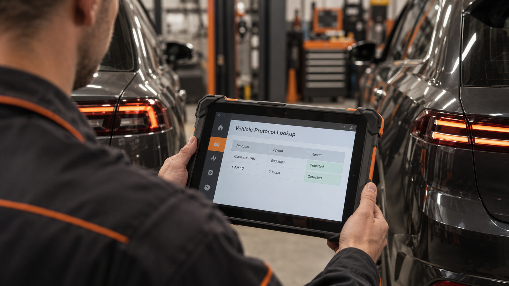 Technician holding a diagnostic tablet showing Classical CAN and CAN FD protocol results for two vehicles in a workshop.
