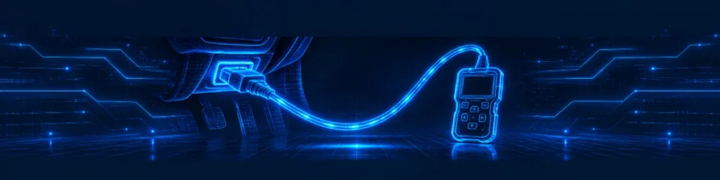 Glowing blue holographic OBD2 port connected by cable to a handheld diagnostic scanner