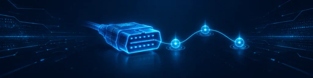 Glowing blue holographic OBD2 connector linked to three sequential glowing nodes