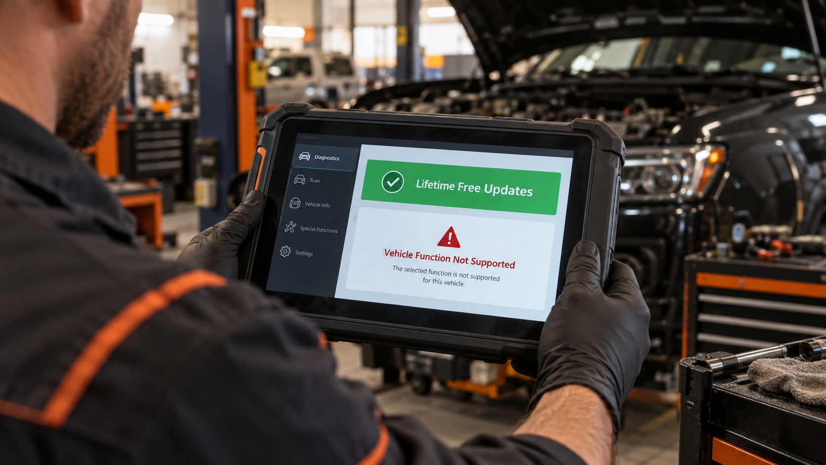 Diagnostic tablet showing lifetime free updates alongside a warning that the selected vehicle function is not supported.