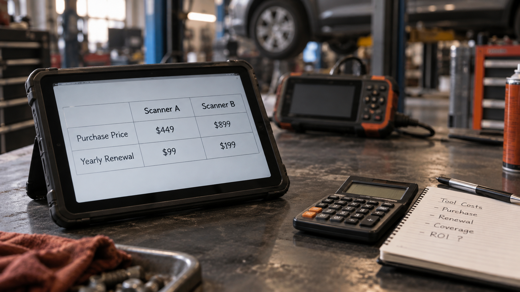 Diagnostic tablet showing a scanner cost comparison table with purchase price and yearly renewal costs beside a calculator.